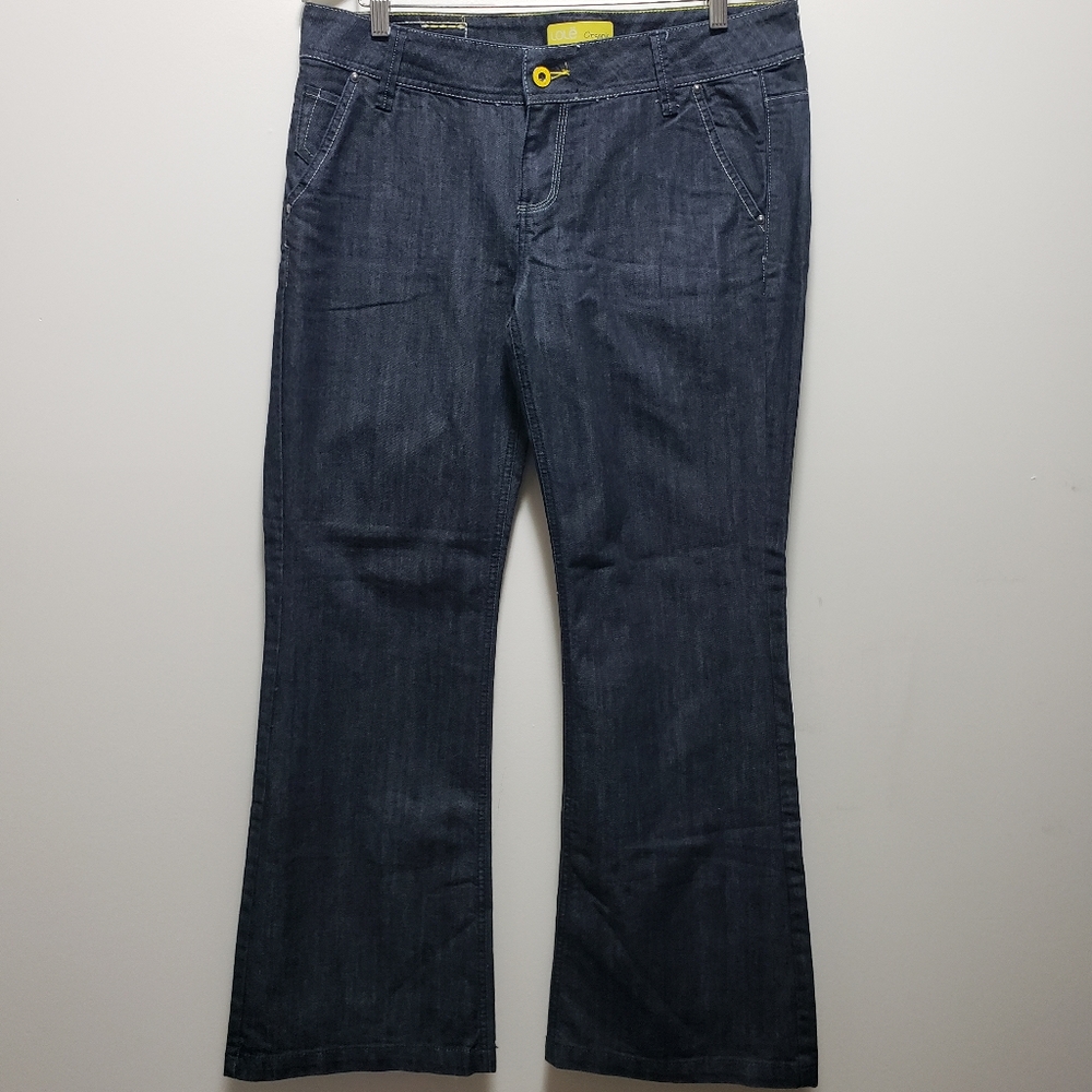 Lolé Organic Recycled Fibre Flared Leg Stretch Denim Yellow Threading S-12 NWOT